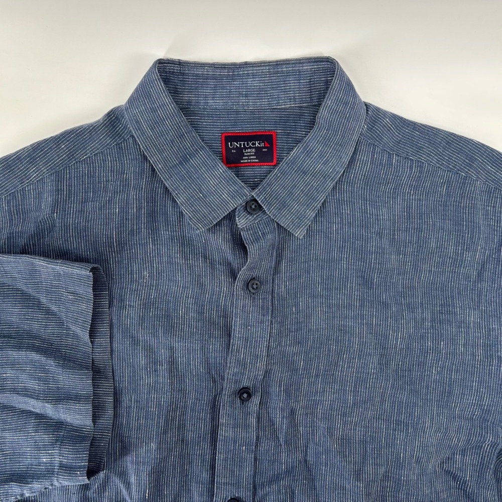 UNTUCKit Shirt Mens Large Blue Stripe 100% Linen Slim Fit Short Sleeve Casual
